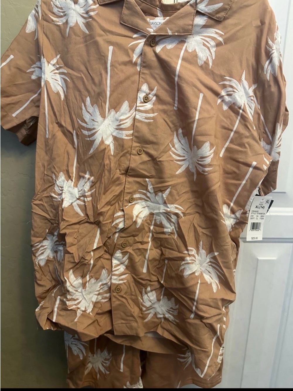 Grayson Threads Tan Short Sleeve Palm-Print Button-Down Shirt and shorts